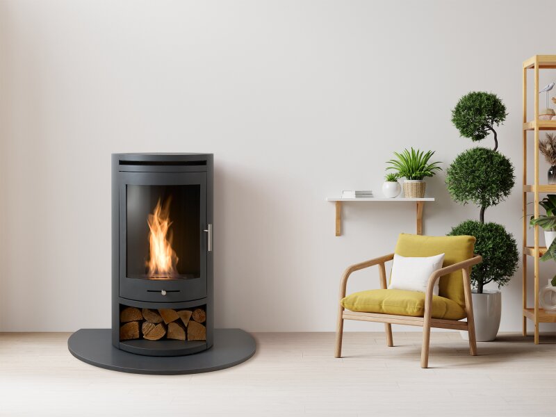 OKO S5 Bio Ethanol Cylinder Stove with Log Storage in Charcoal Grey 11031