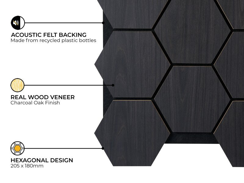 Fuse Acoustic Wooden Hexagon Wall Panel in Charcoal Oak BOX of 4 Panels - CLEARANCE