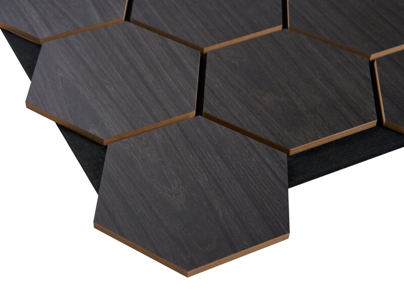 Fuse Acoustic Wooden Hexagon Wall Panel in Charcoal Oak BOX of 4 Panels - CLEARANCE