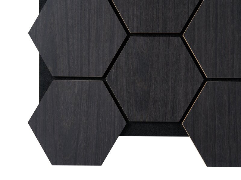 Fuse Acoustic Wooden Hexagon Wall Panel in Charcoal Oak BOX of 4 Panels - CLEARANCE