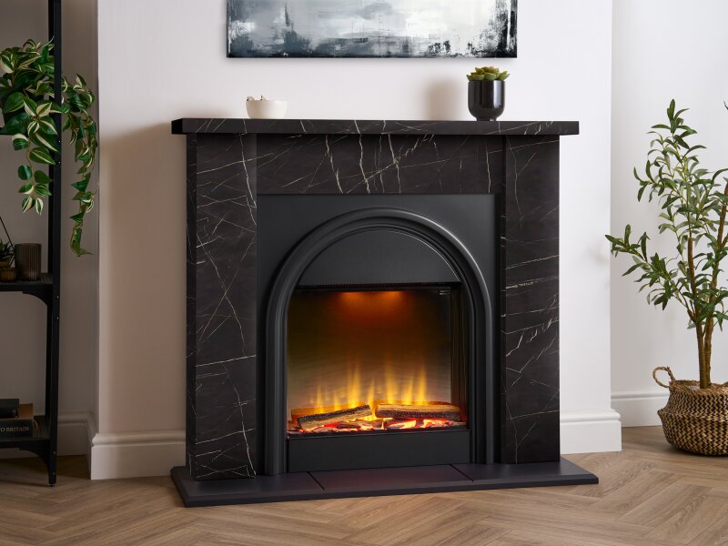 Adam Burlington Electric Fireplace Suite in Black Carrara Marble Effect, 44 Inch