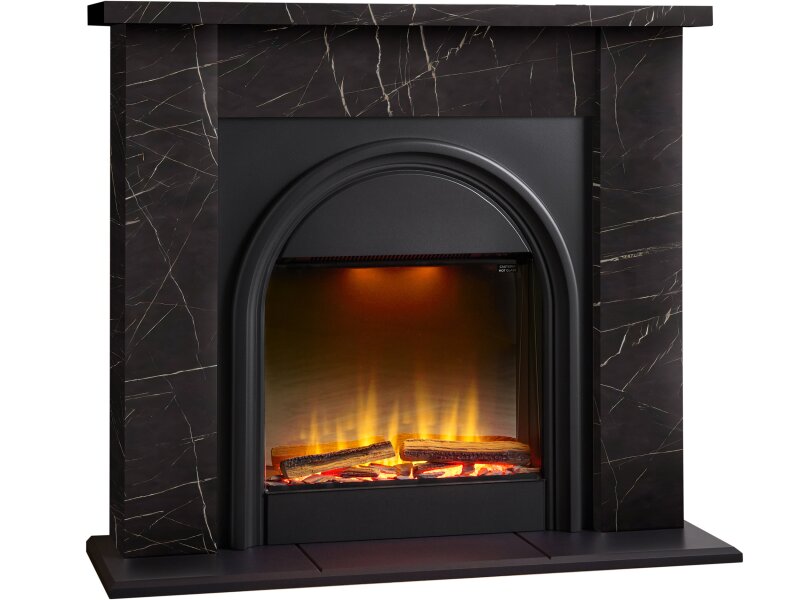 Adam Burlington Electric Fireplace Suite in Black Carrara Marble Effect, 44 Inch