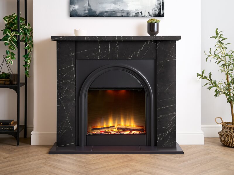 Adam Burlington Electric Fireplace Suite in Black Carrara Marble Effect, 44 Inch
