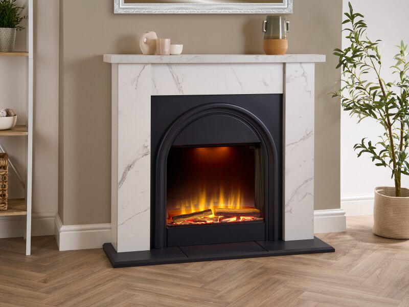 Adam Burlington Electric Fireplace Suite in White Carrara Marble Effect, 44 Inch