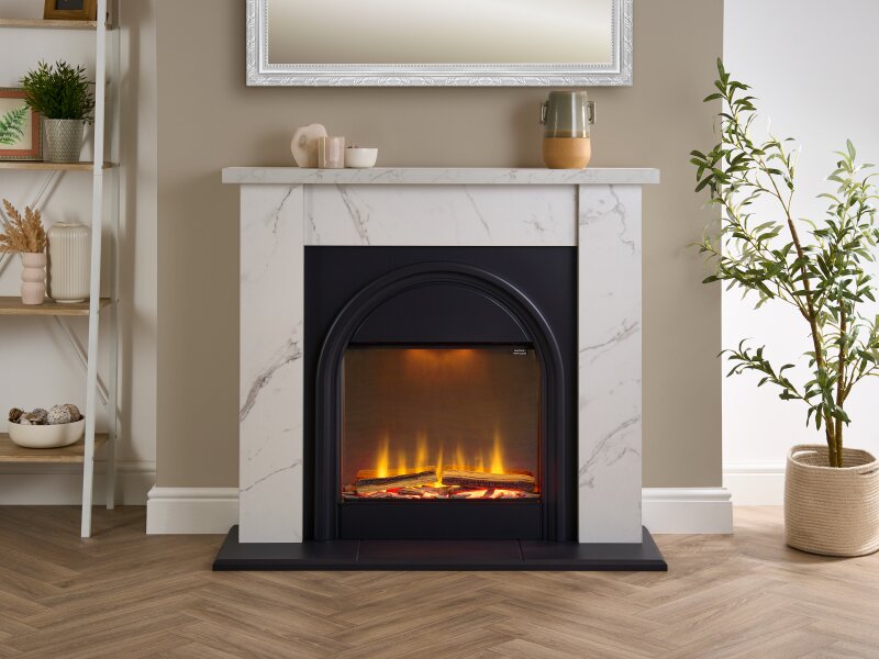 Adam Burlington Electric Fireplace Suite in White Carrara Marble Effect, 44 Inch