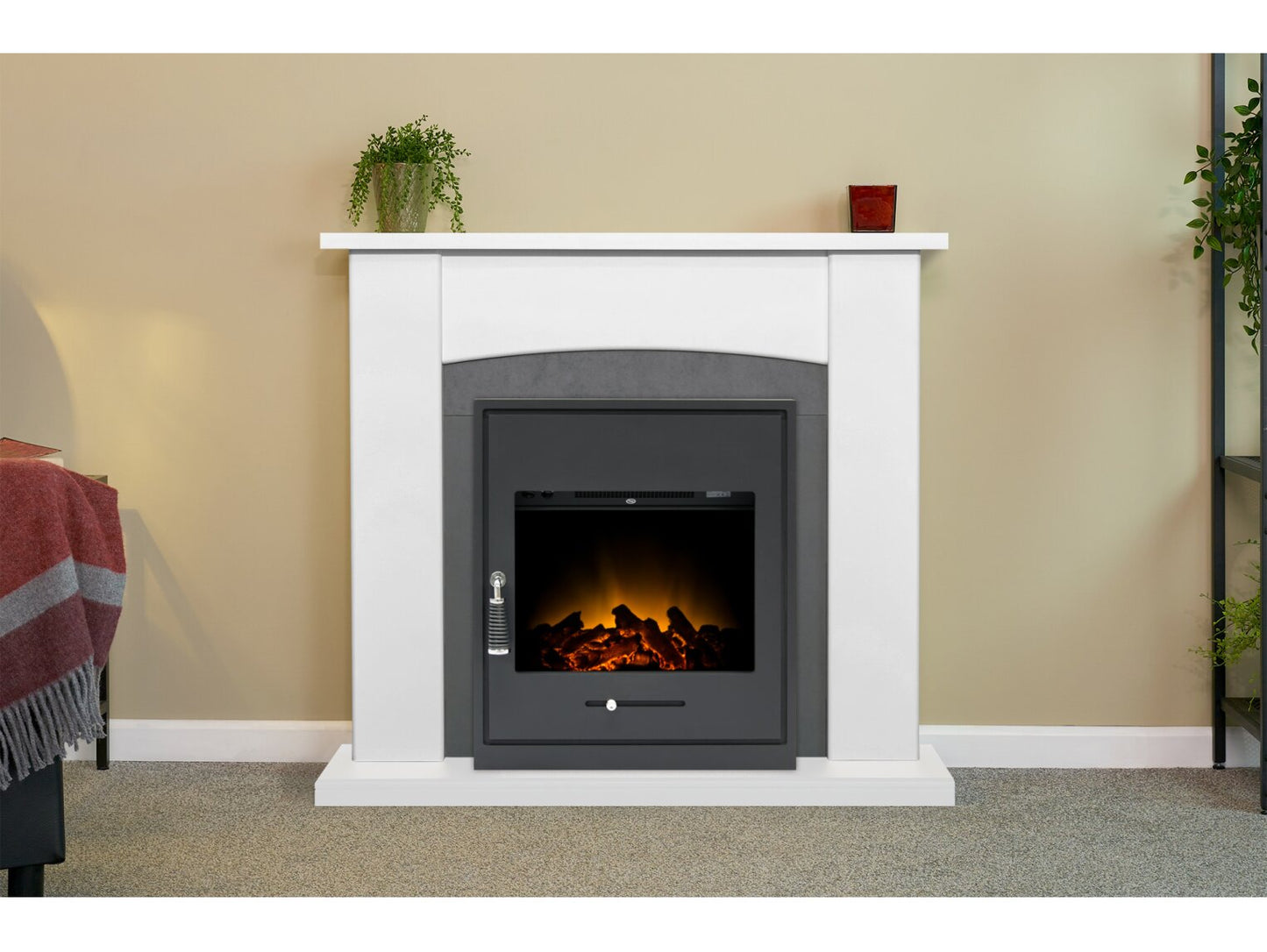 Adam Holden Fireplace in Pure White & Grey/White with Oslo Electric Inset Stove in Black, 39 Inch