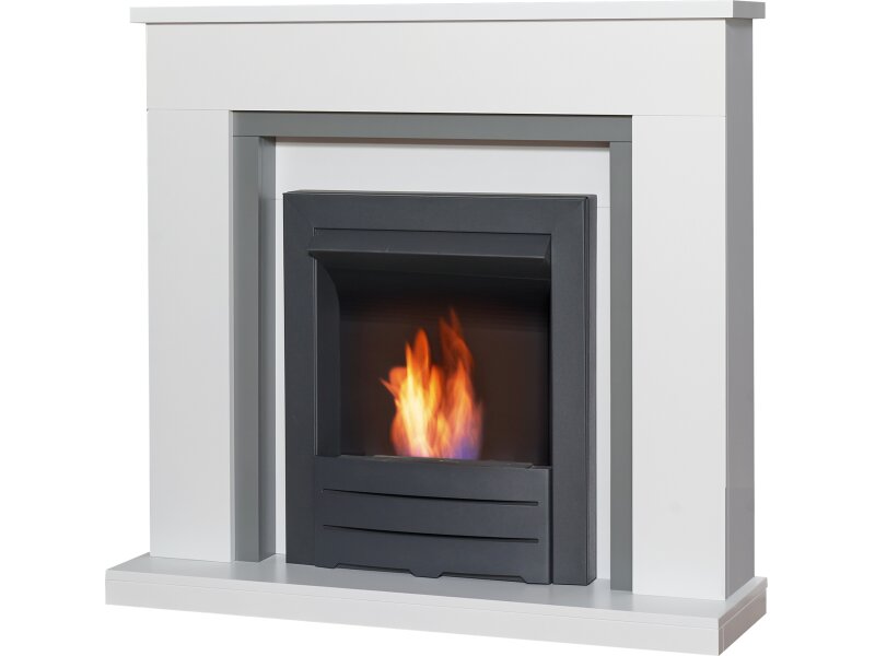 Adam Milan Fireplace Pure White & Grey w Colorado Bio Ethanol Fire Black, 39 Inch