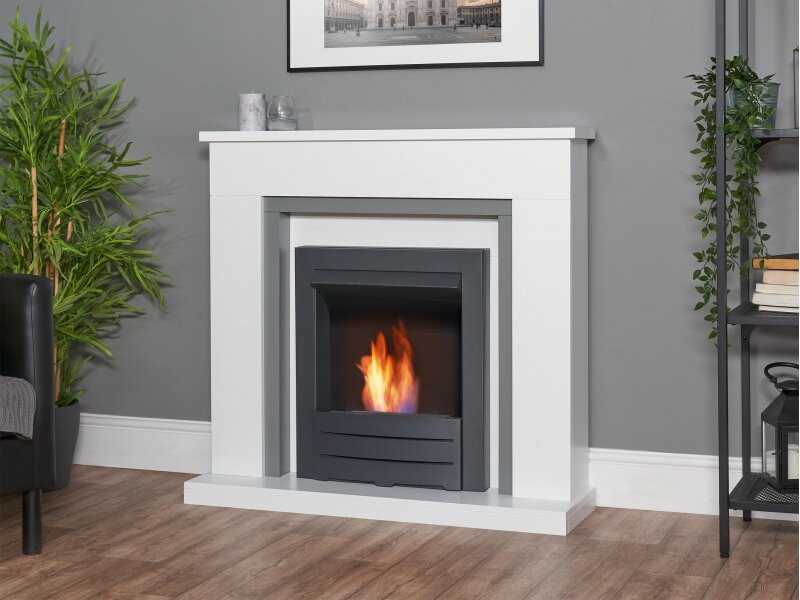 Adam Milan Fireplace Pure White & Grey w Colorado Bio Ethanol Fire Black, 39 Inch