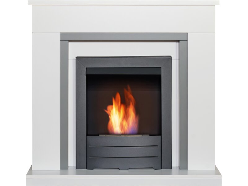 Adam Milan Fireplace Pure White & Grey w Colorado Bio Ethanol Fire Black, 39 Inch