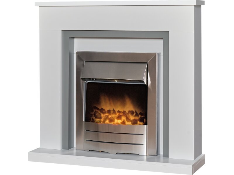 Adam Milan Fireplace Pure White & Grey w Colorado Electric Fire Brushed Steel, 39 Inch