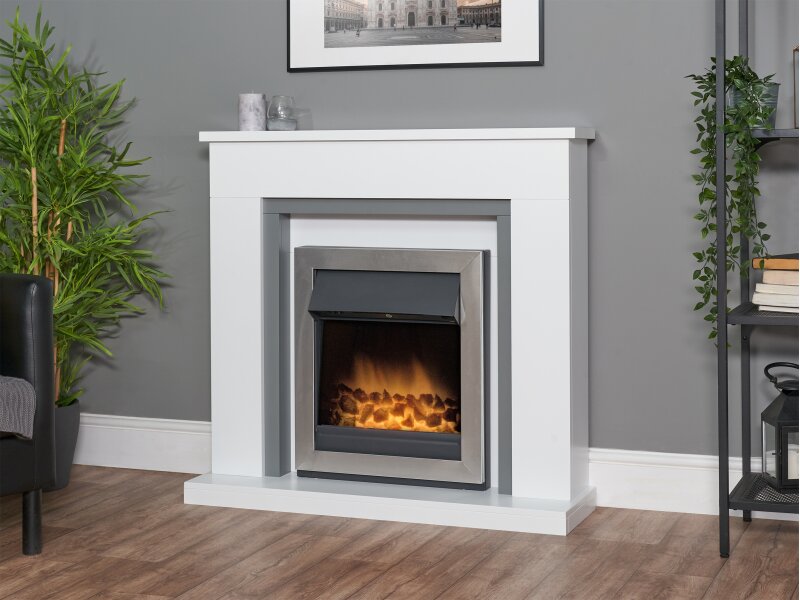 Adam Milan Fireplace in Pure White & Grey with Vancouver Electric Fire in Brushed Steel, 39 Inch