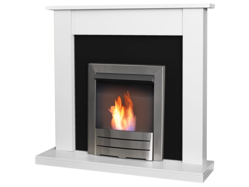 Adam Sutton Fireplace Pure White & Black w Colorado Bio Ethanol Fire Brushed Steel, 43 Inch