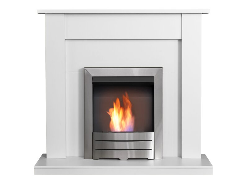 Adam Sutton Fireplace Pure White & Black w Colorado Bio Ethanol Fire Brushed Steel, 43 Inch