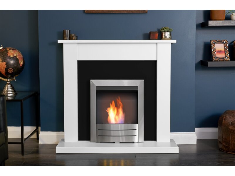 Adam Sutton Fireplace Pure White & Black w Colorado Bio Ethanol Fire Brushed Steel, 43 Inch