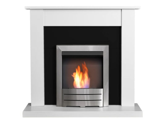 Adam Sutton Fireplace Pure White & Black w Colorado Bio Ethanol Fire Brushed Steel, 43 Inch