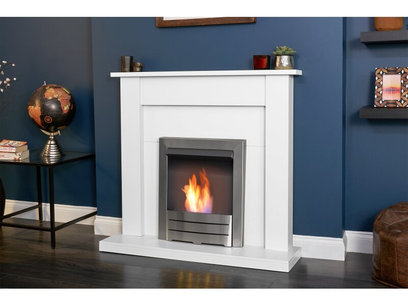 Adam Sutton Fireplace Pure White & Black w Colorado Bio Ethanol Fire Brushed Steel, 43 Inch