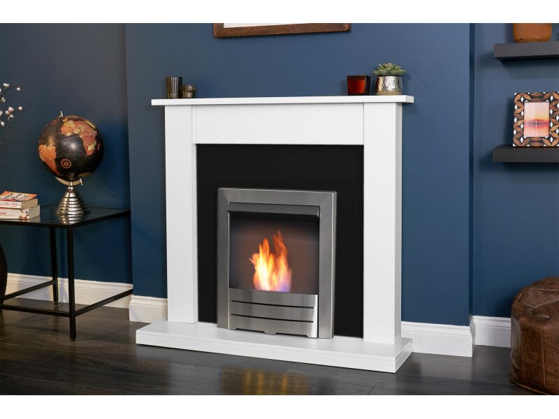 Adam Sutton Fireplace Pure White & Black w Colorado Bio Ethanol Fire Brushed Steel, 43 Inch