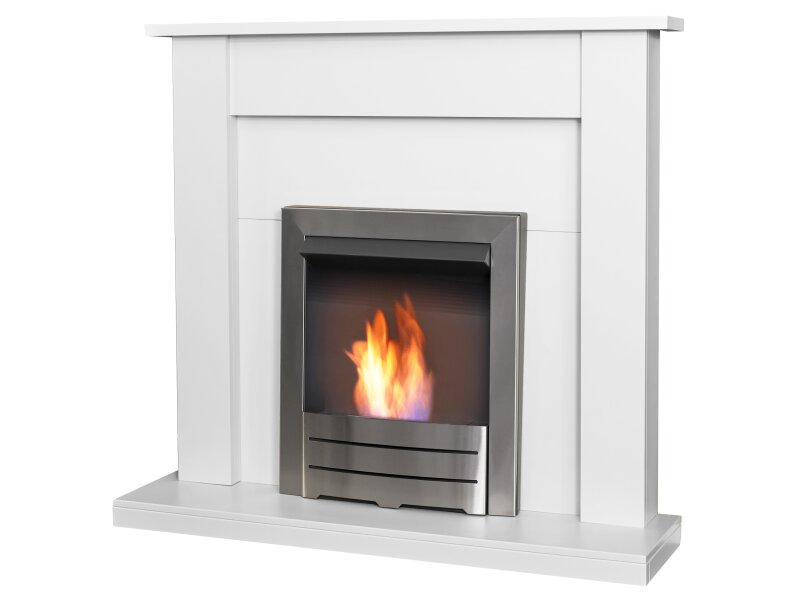 Adam Sutton Fireplace Pure White & Black w Colorado Bio Ethanol Fire Brushed Steel, 43 Inch