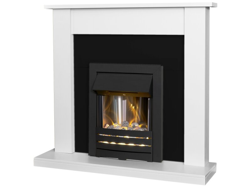 Adam Sutton Fireplace in Pure White & Black with Helios Electric Fire in Black, 43 Inch