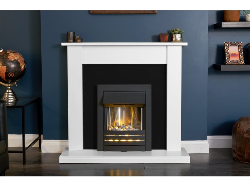 Adam Sutton Fireplace in Pure White & Black with Helios Electric Fire in Black, 43 Inch