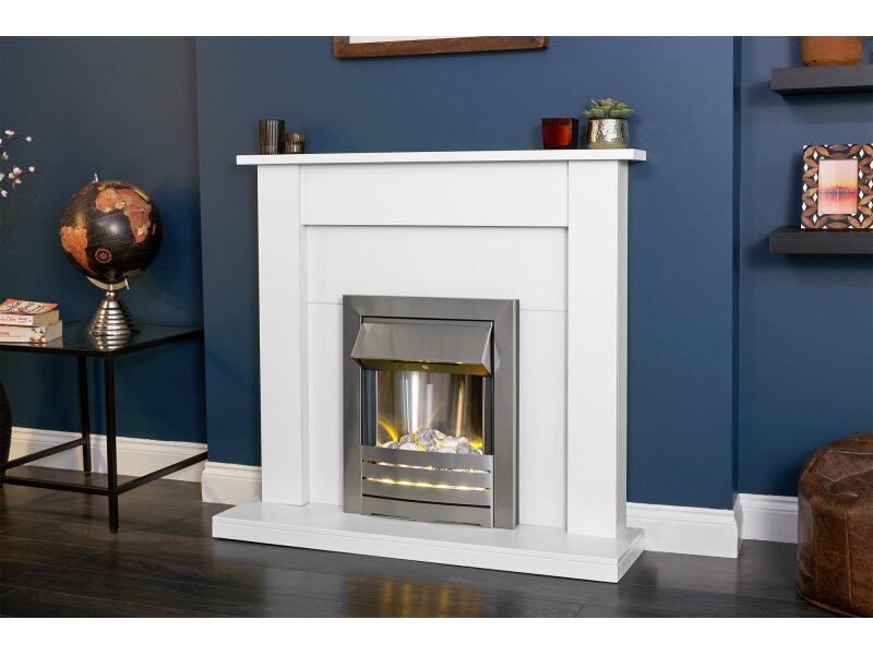 Adam Sutton Fireplace in Pure White & Black with Helios Electric Fire in Brushed Steel, 43 Inch
