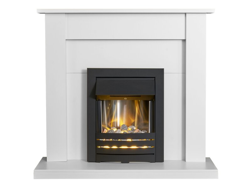 Adam Sutton Fireplace in Pure White & Black with Helios Electric Fire in Black, 43 Inch