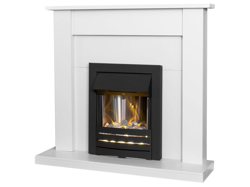 Adam Sutton Pure White Fireplace w Helios Black Electric Fire