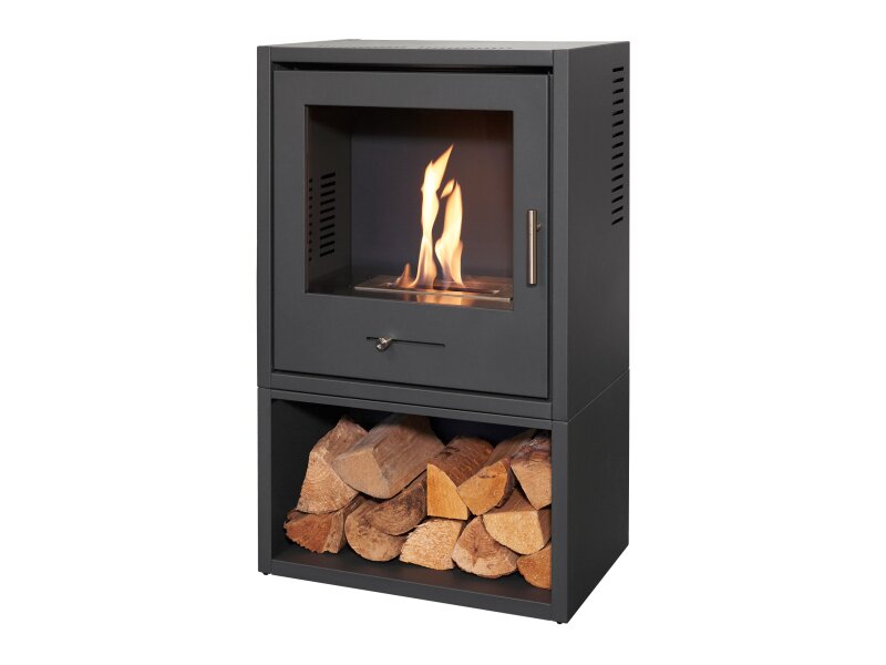 OKO S3 Bio Ethanol Stove with Log Storage in Charcoal Grey