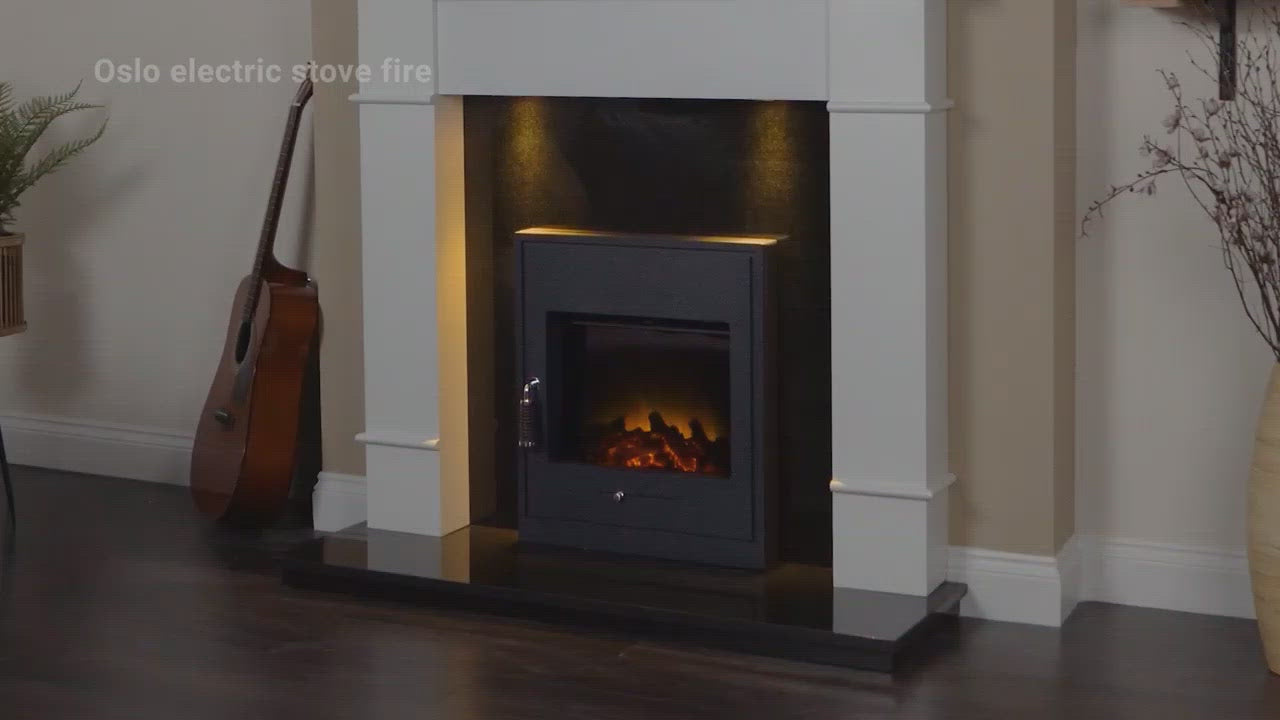 Adam Holden Fireplace in Pure White & Grey/White with Oslo Electric Inset Stove in Black, 39 Inch