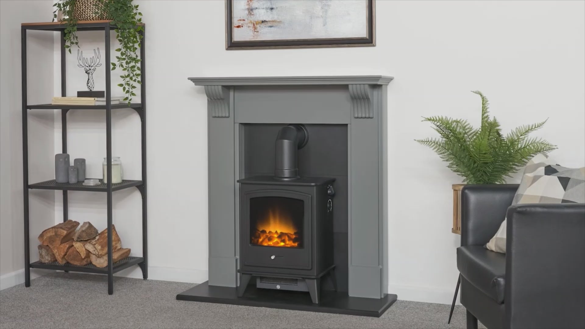 Adam Harrogate Stove Fireplace in Grey & Black w Dorset Electric Stove in Black, 39"