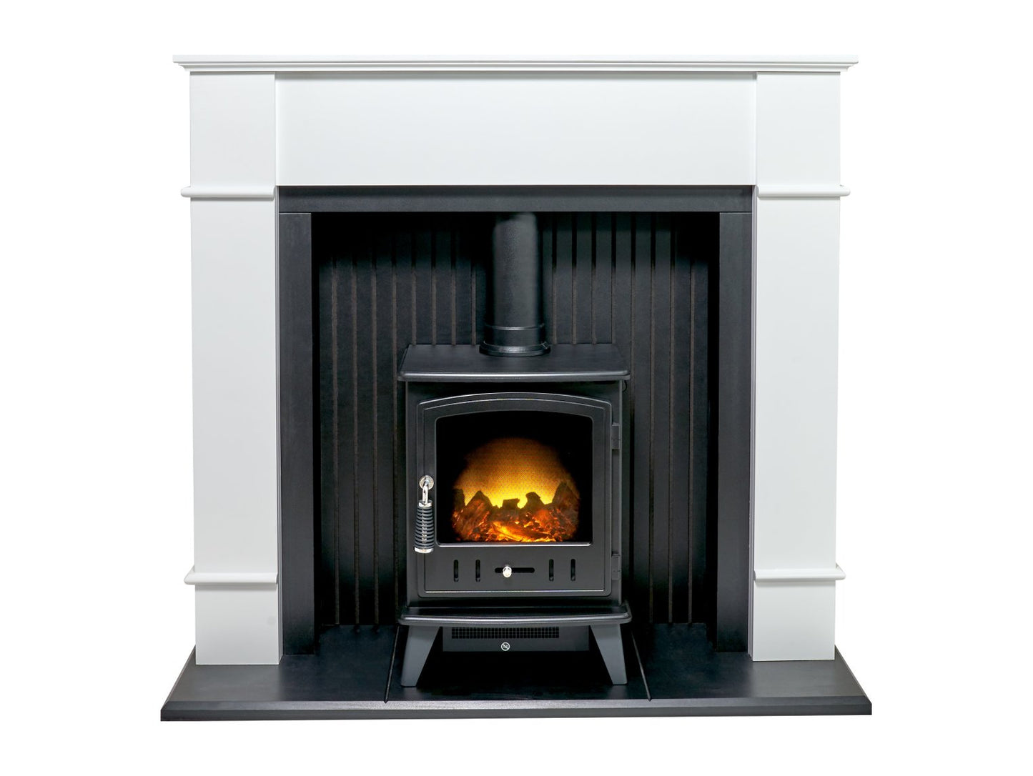 Adam Oxford Stove Suite in Pure White with Aviemore Electric Stove in Black Enamel 48 Inch