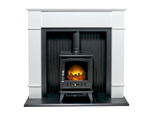Adam Oxford Stove Suite in Pure White with Aviemore Electric Stove in Black Enamel 48 Inch