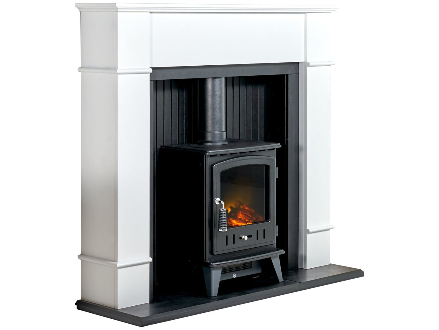 Adam Oxford Stove Suite Pure White + Aviemore Electric Stove Black Enamel 48"