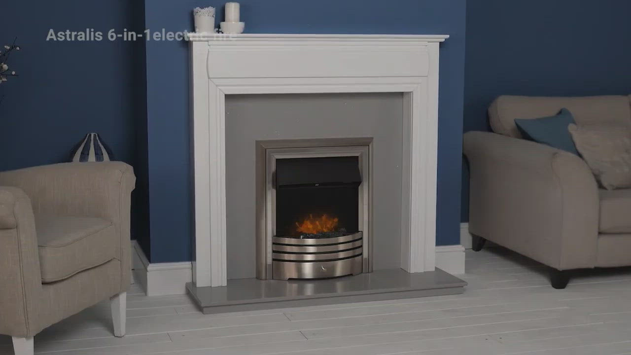 Adam Genoa Fireplace,White & Grey with Downlights & Astralis 6-in-1 Electric Fire in Chrome, 48 Inch
