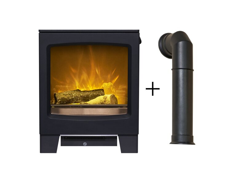 Acantha Lunar Electric Stove Charcoal Grey + Tall Angled Stove Pipe in Black