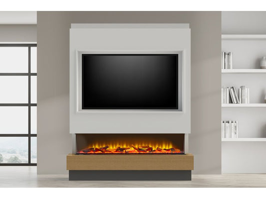 Acantha Matrix Pre-Built Pure White & Oak Effect Panoramic Media Wall with TV Recess