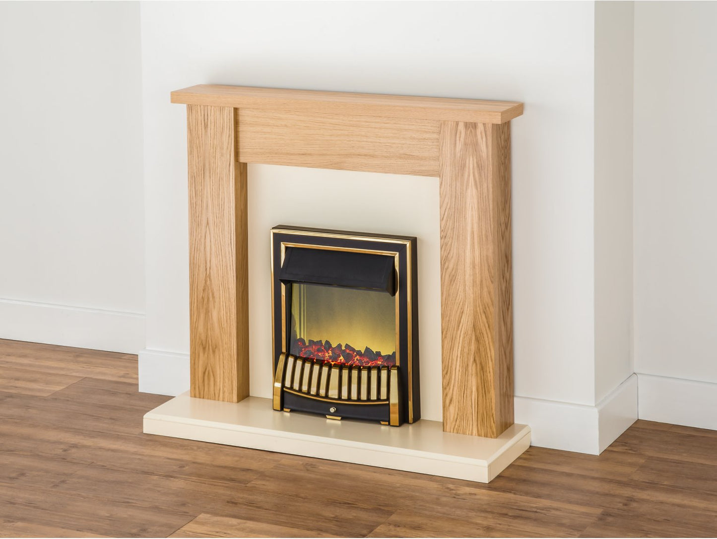Adam New England Fireplace Suite Oak + Elan Electric Fire Brass, 48"