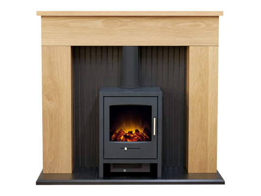 Adam Innsbruck Stove Fireplace in Oak with Bergen Electric Stove in Charcoal Grey, 48 Inch