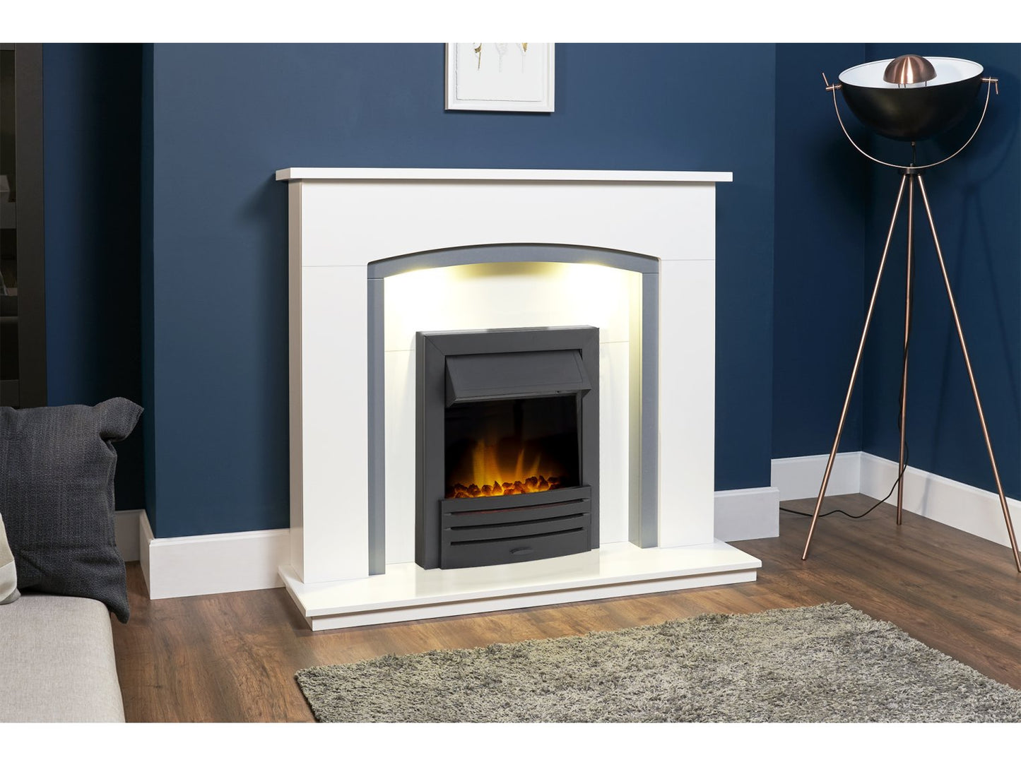 Adam Savanna Fireplace Pure White & Grey + Eclipse Electric Fire Black, 48"