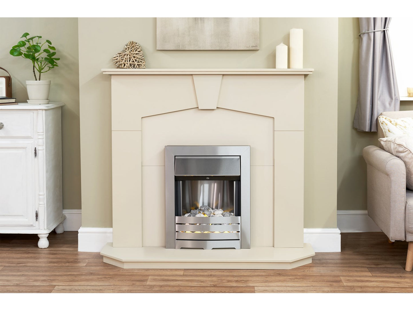 Adam Abbey Fireplace Stone Effect + Helios Electric Fire Brushed Steel, 48"