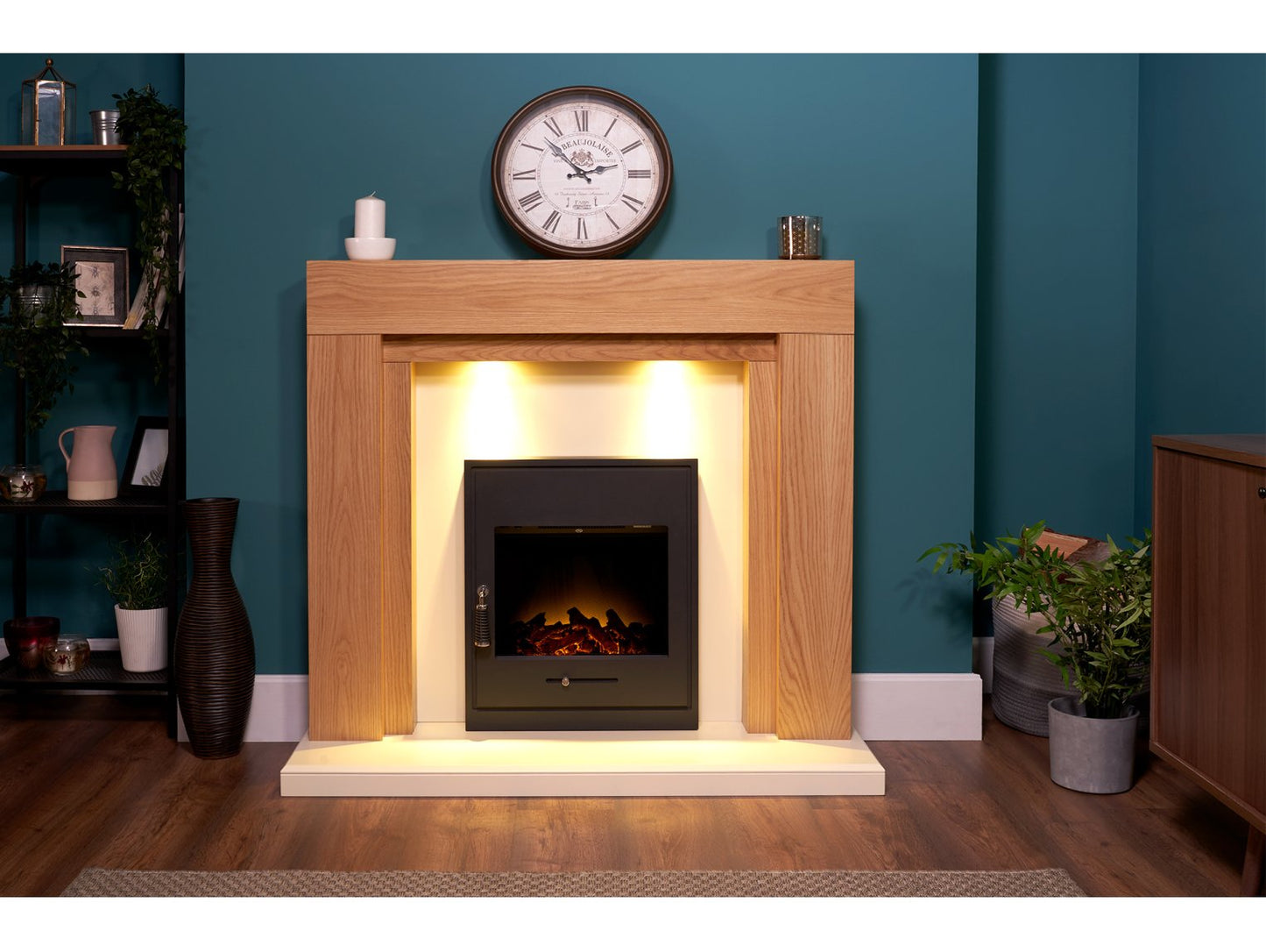 Adam Beaumont Fireplace Suite Oak & Cream + Oslo Electric Inset Stove Black, 48"