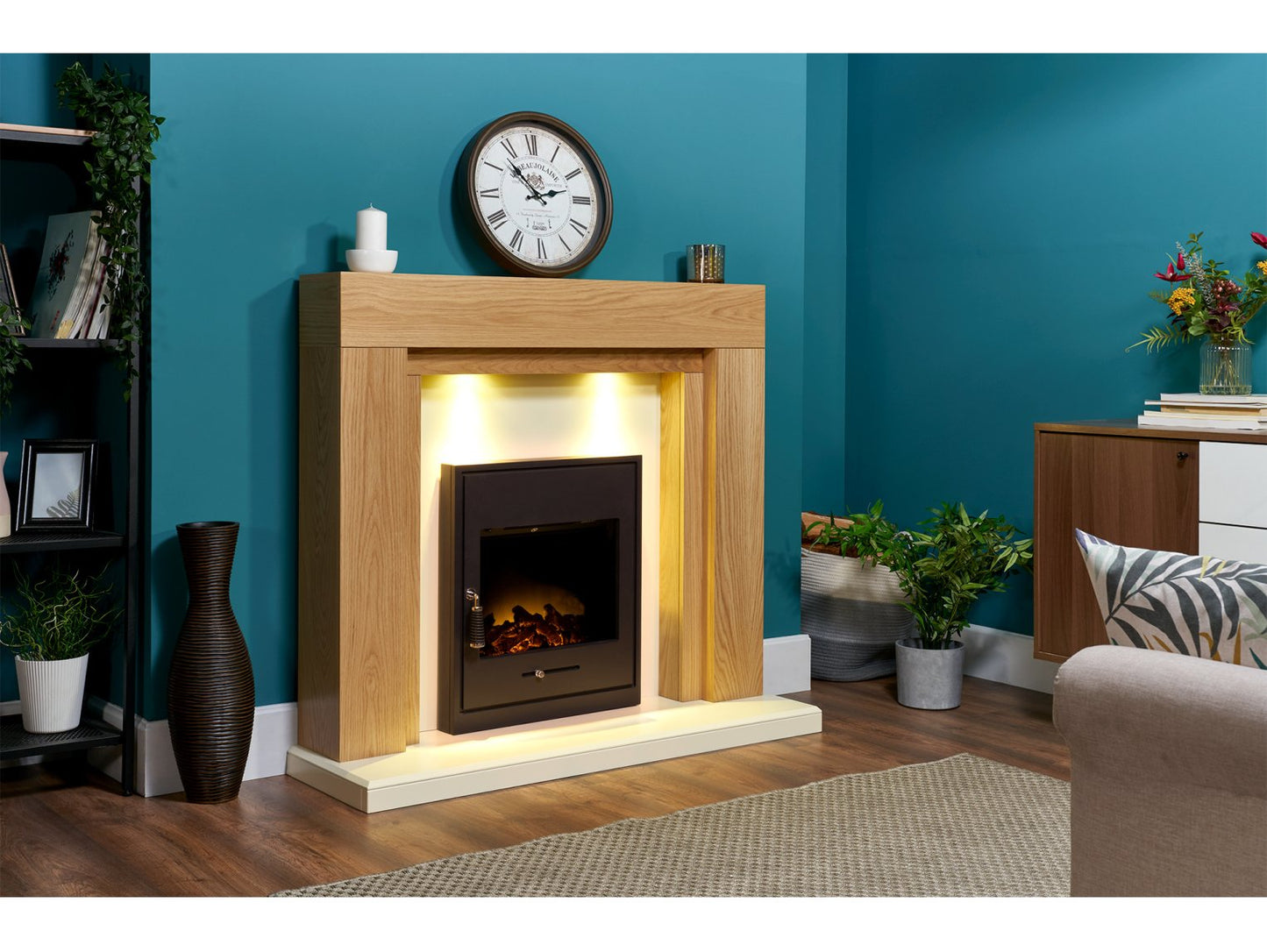 Adam Beaumont Fireplace Suite Oak & Cream + Oslo Electric Inset Stove Black, 48"