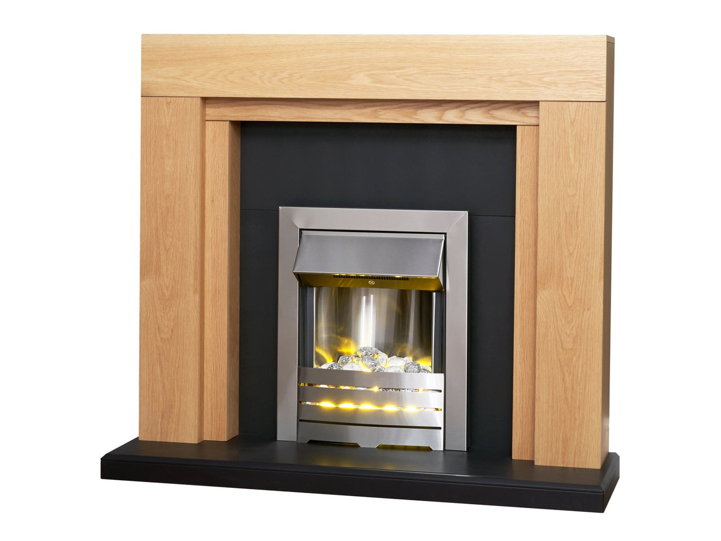Adam Beaumont Oak & Black Fireplace + Downlights & Helios Electric Fire Brushed Steel, 48"