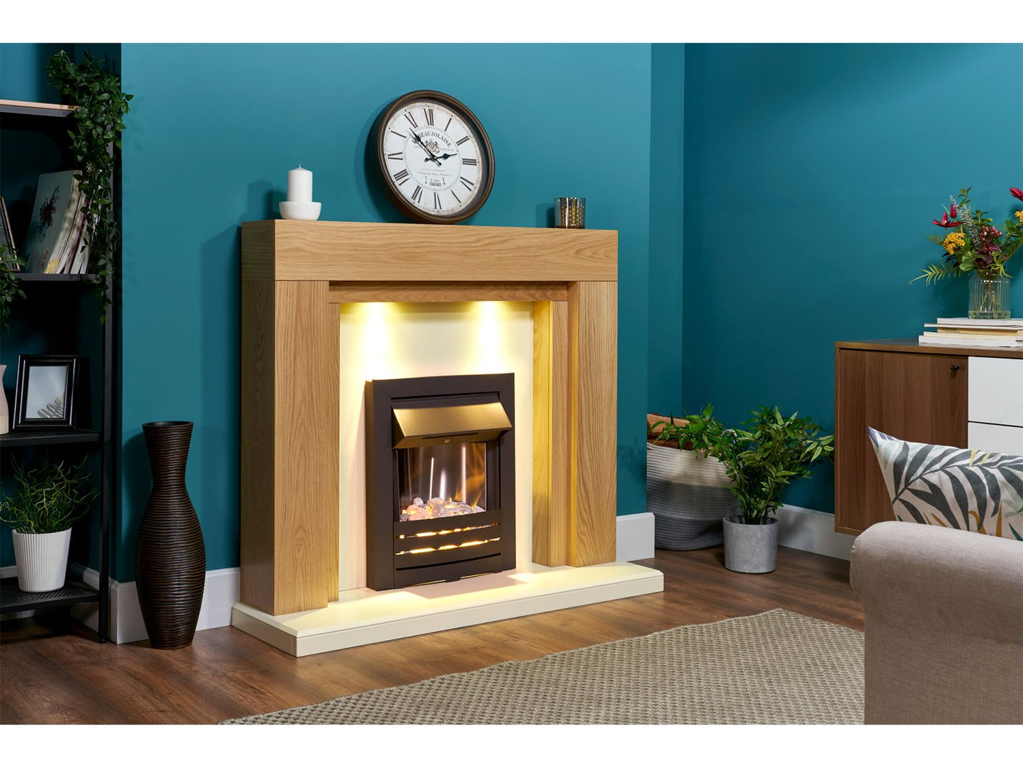 Adam Beaumont Fireplace Suite Oak & Cream + Helios Electric Fire Black, 48"