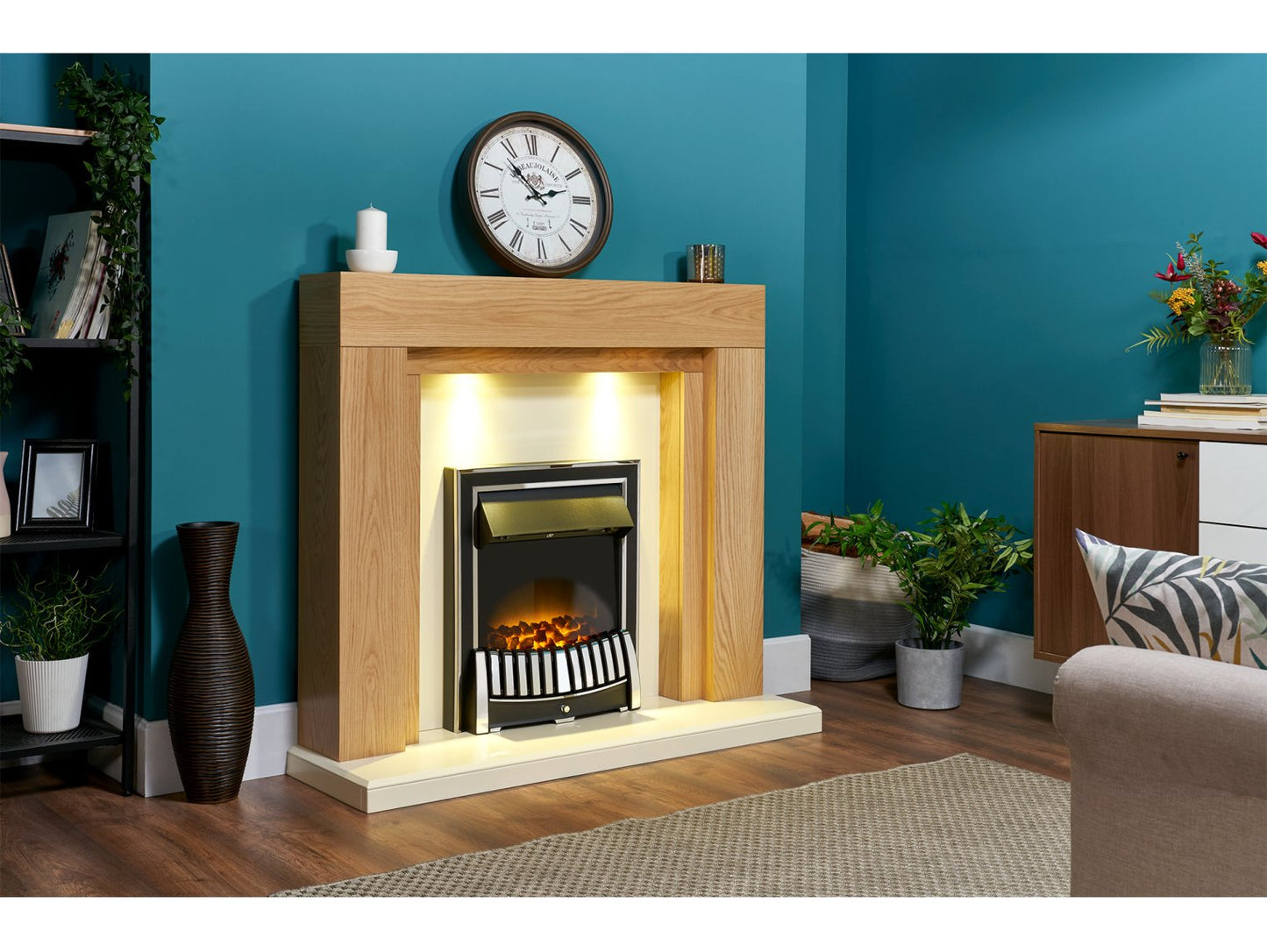 Adam Beaumont Fireplace Suite Oak & Cream + Elan Electric Fire Chrome, 48"