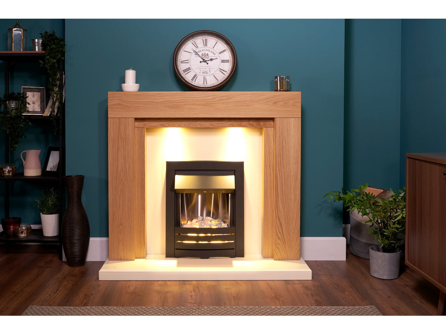 Adam Beaumont Fireplace Suite Oak & Cream + Helios Electric Fire Black, 48"