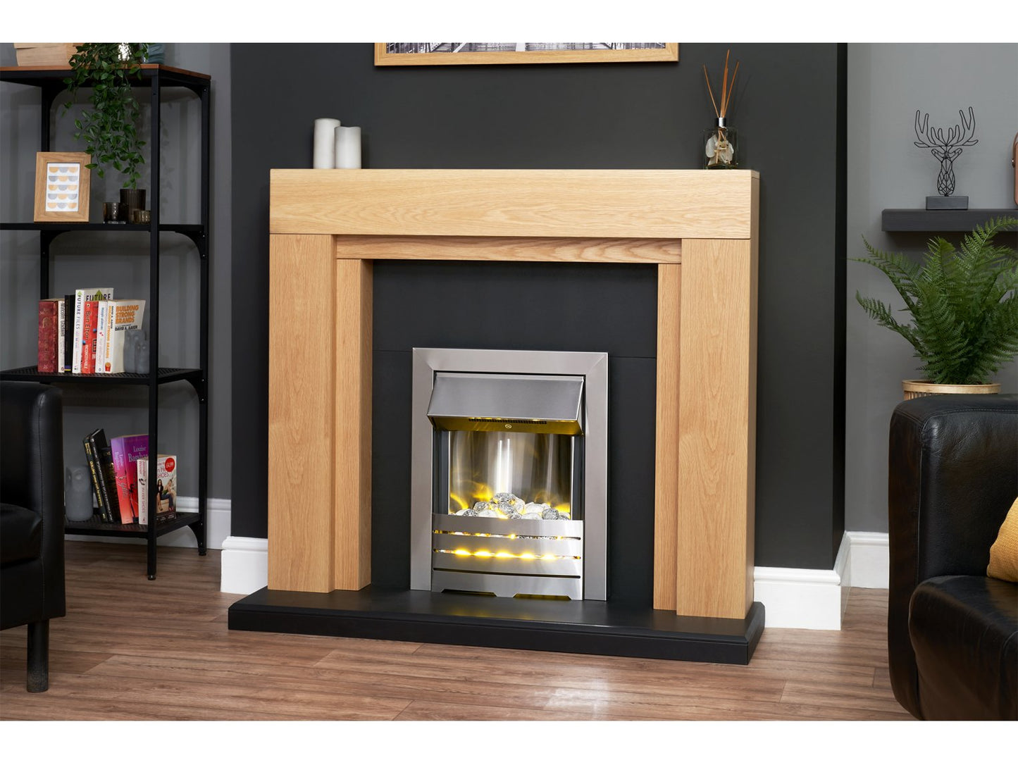 Adam Beaumont Oak & Black Fireplace + Downlights & Helios Electric Fire Brushed Steel, 48"