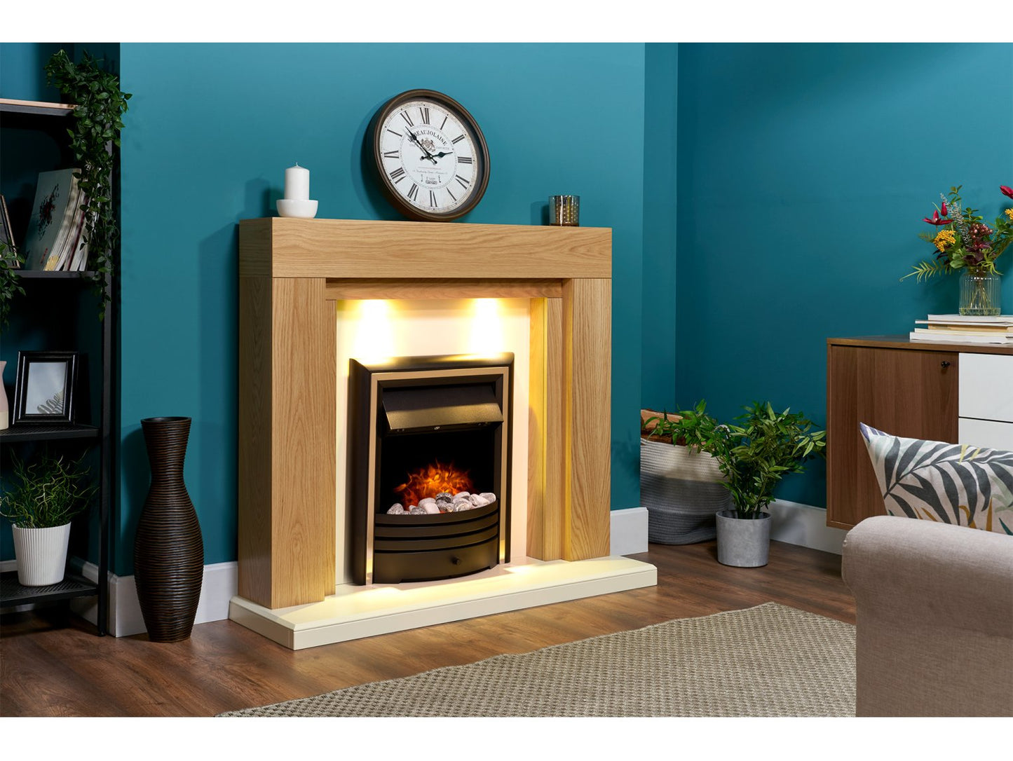 Adam Beaumont Fireplace Suite Oak & Cream + Cambridge 6-in-1 Electric Fire Black, 48"