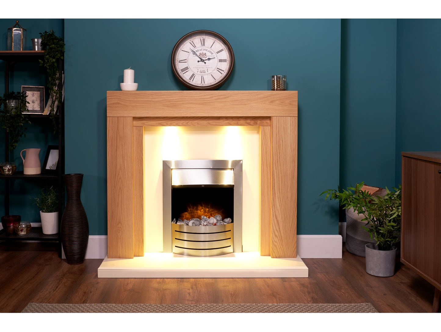 Adam Beaumont Fireplace Suite Oak & Cream + Comet Electric Fire Brushed Steel, 48"