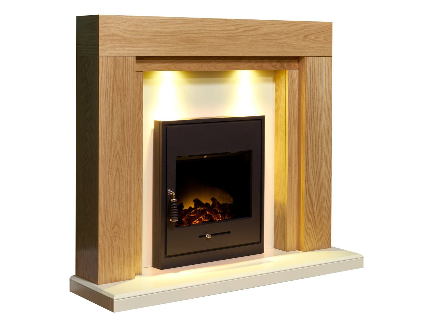 Adam Beaumont Fireplace Suite Oak & Cream + Oslo Electric Inset Stove Black, 48"